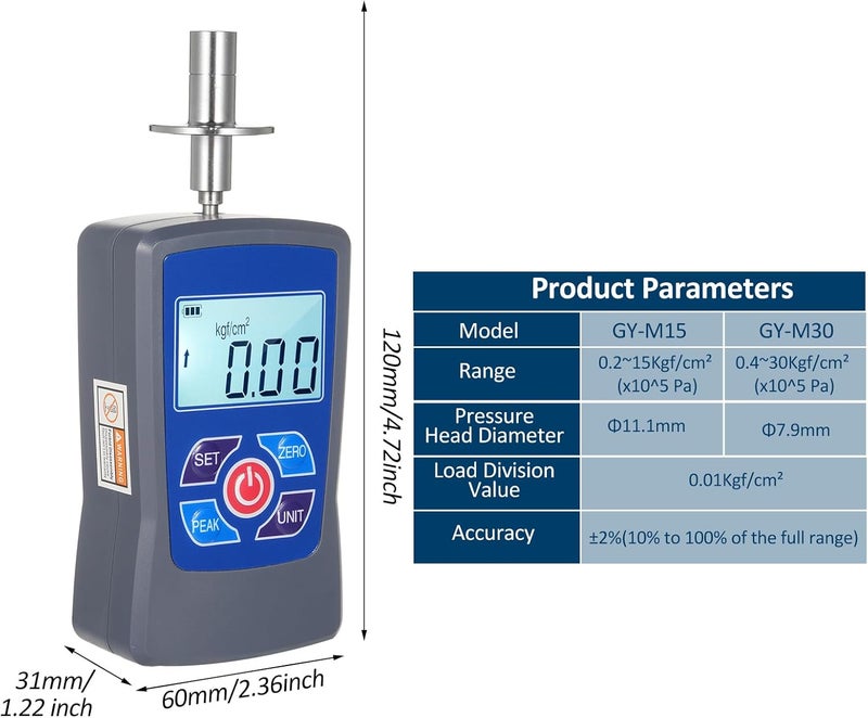 Karlak GY-M30 Digital Fruit Hardness Tester Meter Mini Fruit Penetrometer Durometer with 0.4 to 30 Kgf/cm² (x10^5 Pa) Load Division Value 0.01Kgf/cm² Pressure Head Diameter Φ7.9mm for Fruits - Image 5
